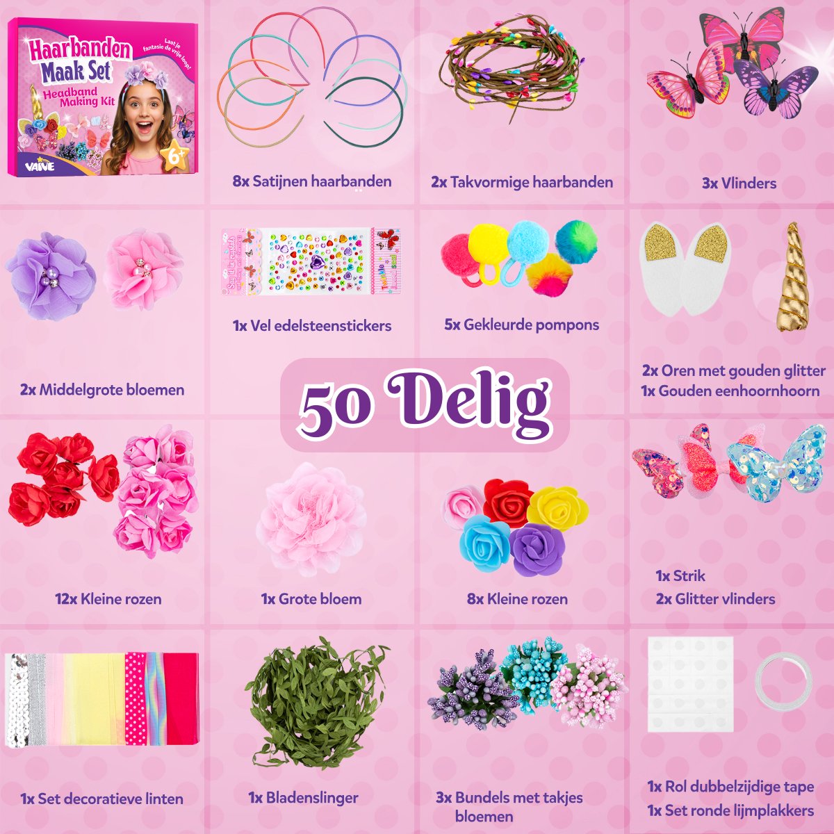 Vaive Haarband Knutselset 54-delig – Maak 10 Haarbanden – Diadeem Knutselen voor Meisjes – Sieraden Maken – Knutseldoos – Knutselpakketten — afbeelding 4