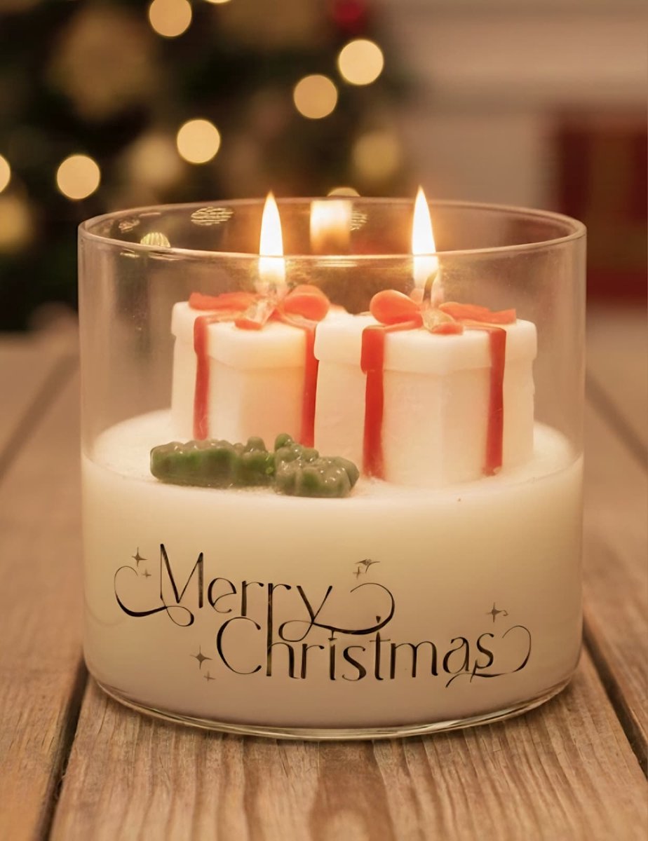 Kerst Geurkaars Merry Christmas – Cadeautjes Design – Appel, Sinaasappel & Kaneel – Luxe Winter Kaars – Handgemaakt – 330g