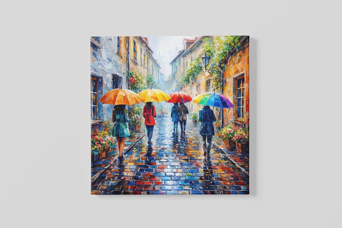 Trendex Global Vierkant Canvas Schilderij - Kunst - Kleurrijke Regenachtige Straat - 40x40 cm