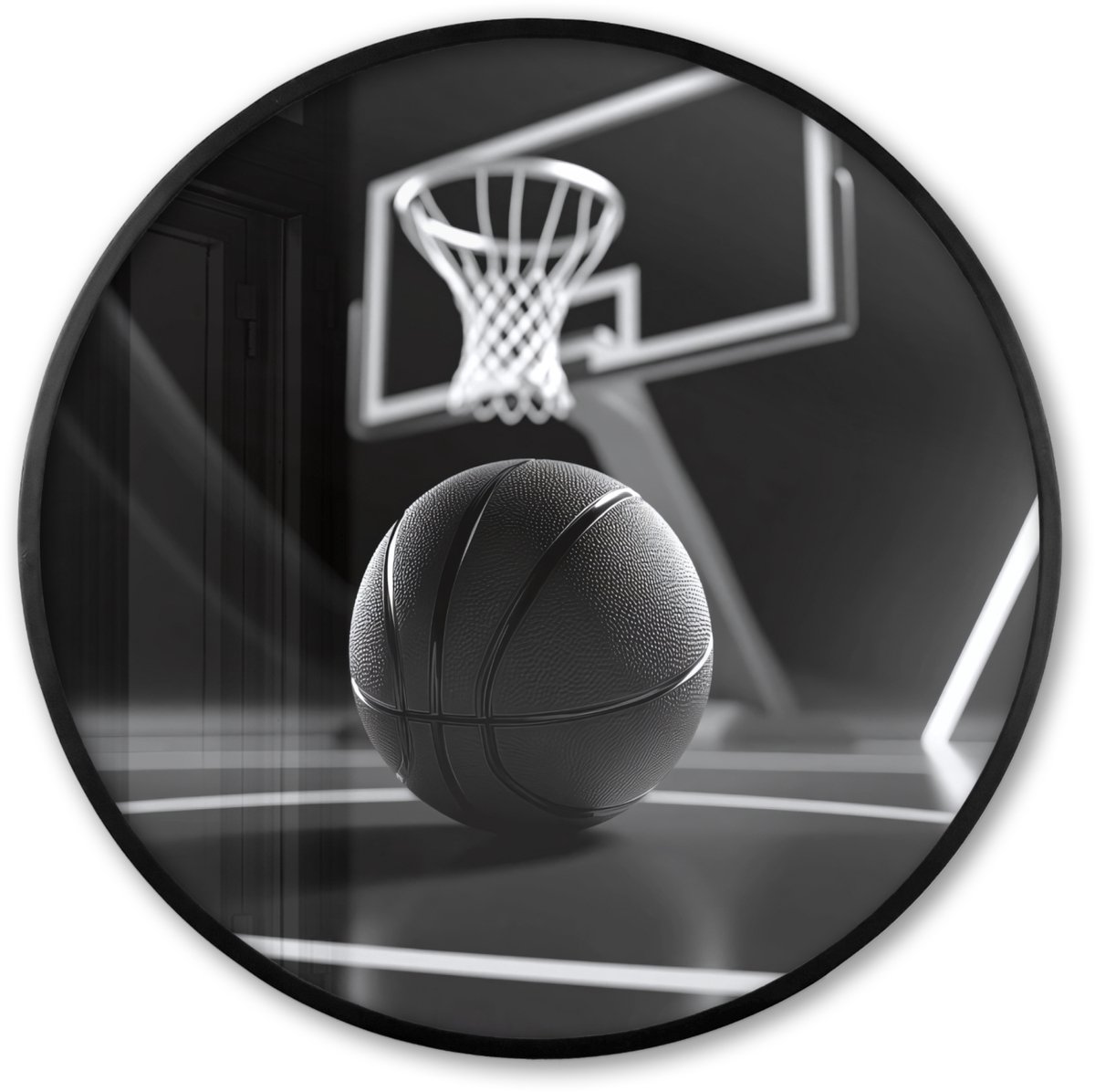 FrameYourWall Poster in lijst Rond - Fotolijst 80x80 cm - Posters - Basketbal - Basketbalveld - Lichtlijnen - Ronde posterlijst zwart - Decoratie - Wanddecoratie woonkamer - Muurdecoratie slaapkamer