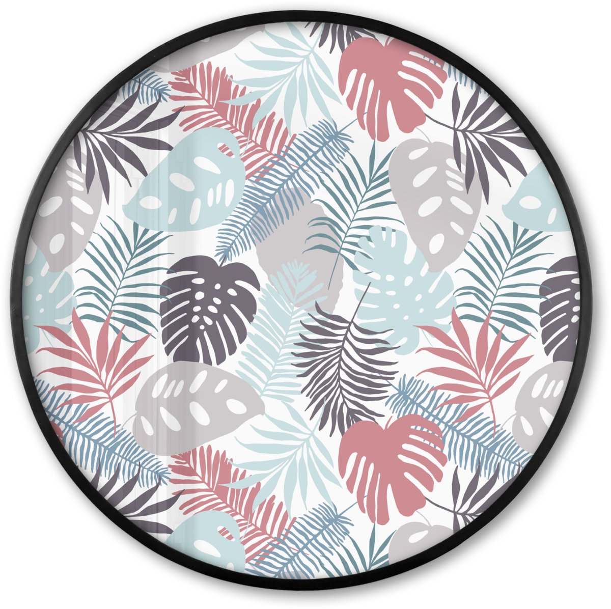 FrameYourWall Poster in lijst Rond - Fotolijst 60x60 cm - Posters - Bladeren - Jungle - Pastel - Tropisch - Ronde posterlijst zwart - Decoratie - Wanddecoratie woonkamer - Muurdecoratie slaapkamer Multicolor
