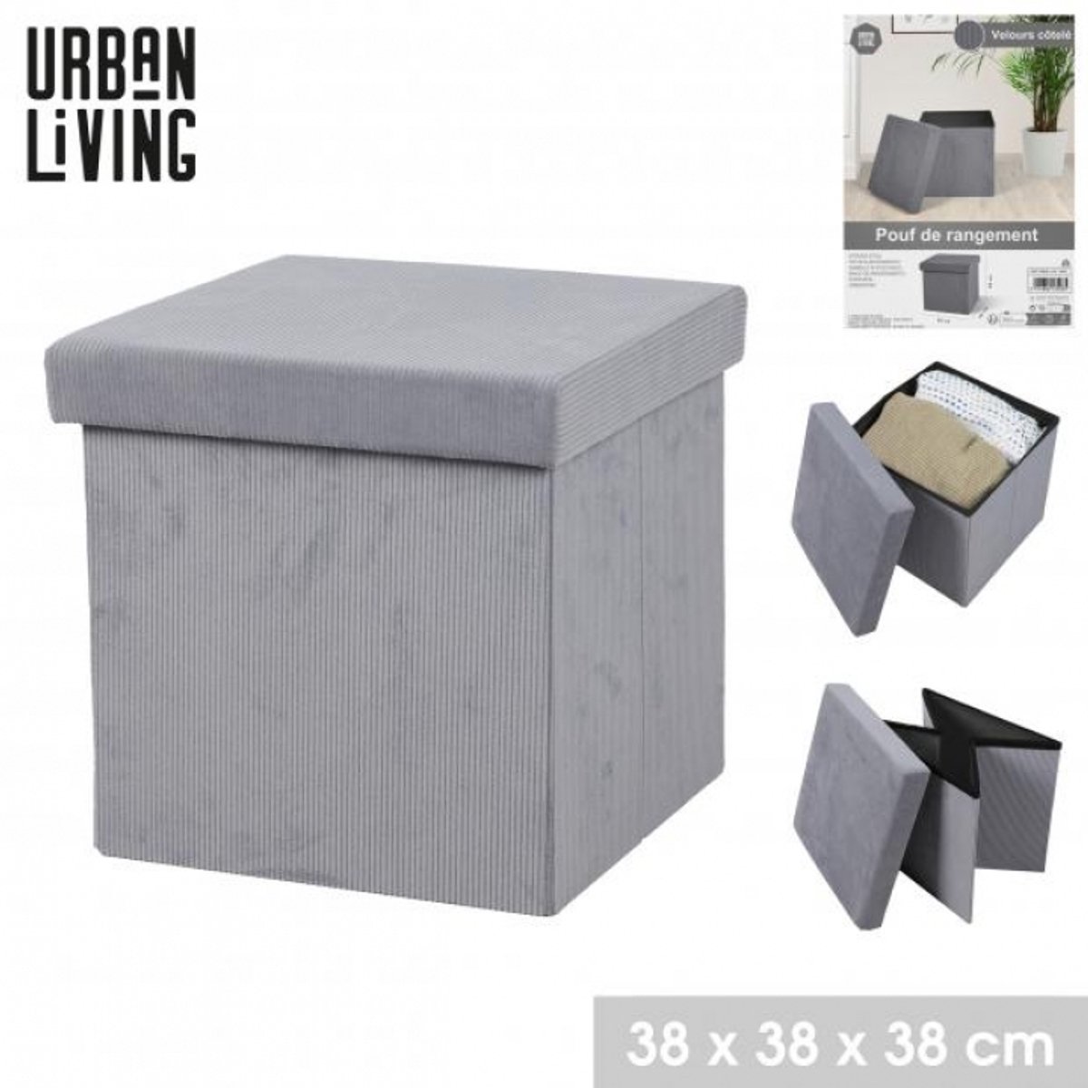 Urban Living KUBE "Ribfluweel" Opvouwbare Opbergpoef Denim 37,5xH37,5cm
