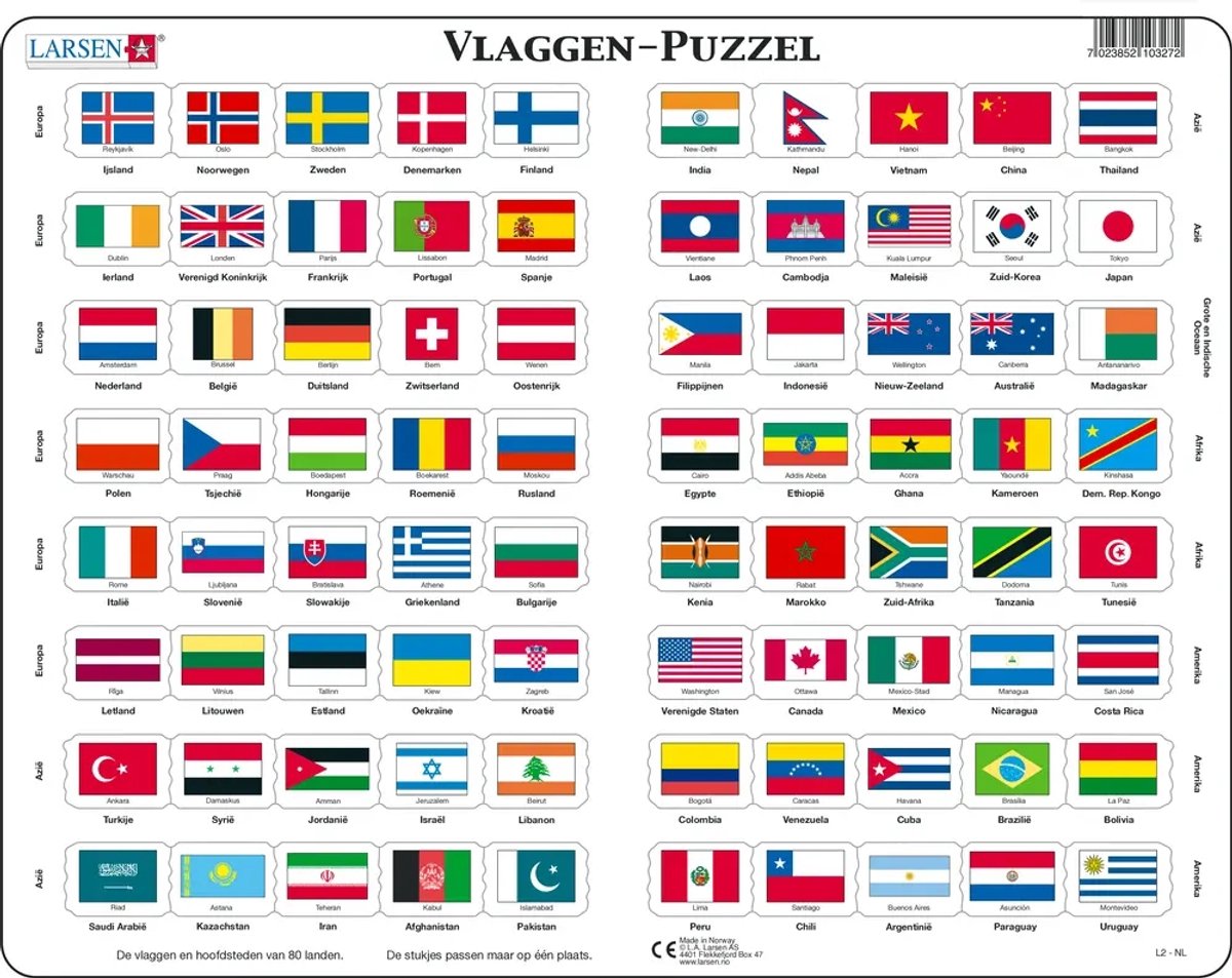 Larsen vlaggen van de wereld - puzzel - kaarten & geografie - vlaggen - educatieve legpuzzel voor kinderen - 80 stukjes - gemaakt in noorwegen - extra dikke 2,5 mm stukjes - tray met vaste rand