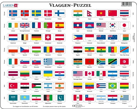 Larsen Vlaggen van de wereld – Puzzel – Kaarten & Geografie – Vlaggen – Educatieve legpuzzel voor kinderen – 80 stukjes – Gemaakt in Noorwegen – Extra dikke 2,5 mm stukjes – Tray met vaste rand
