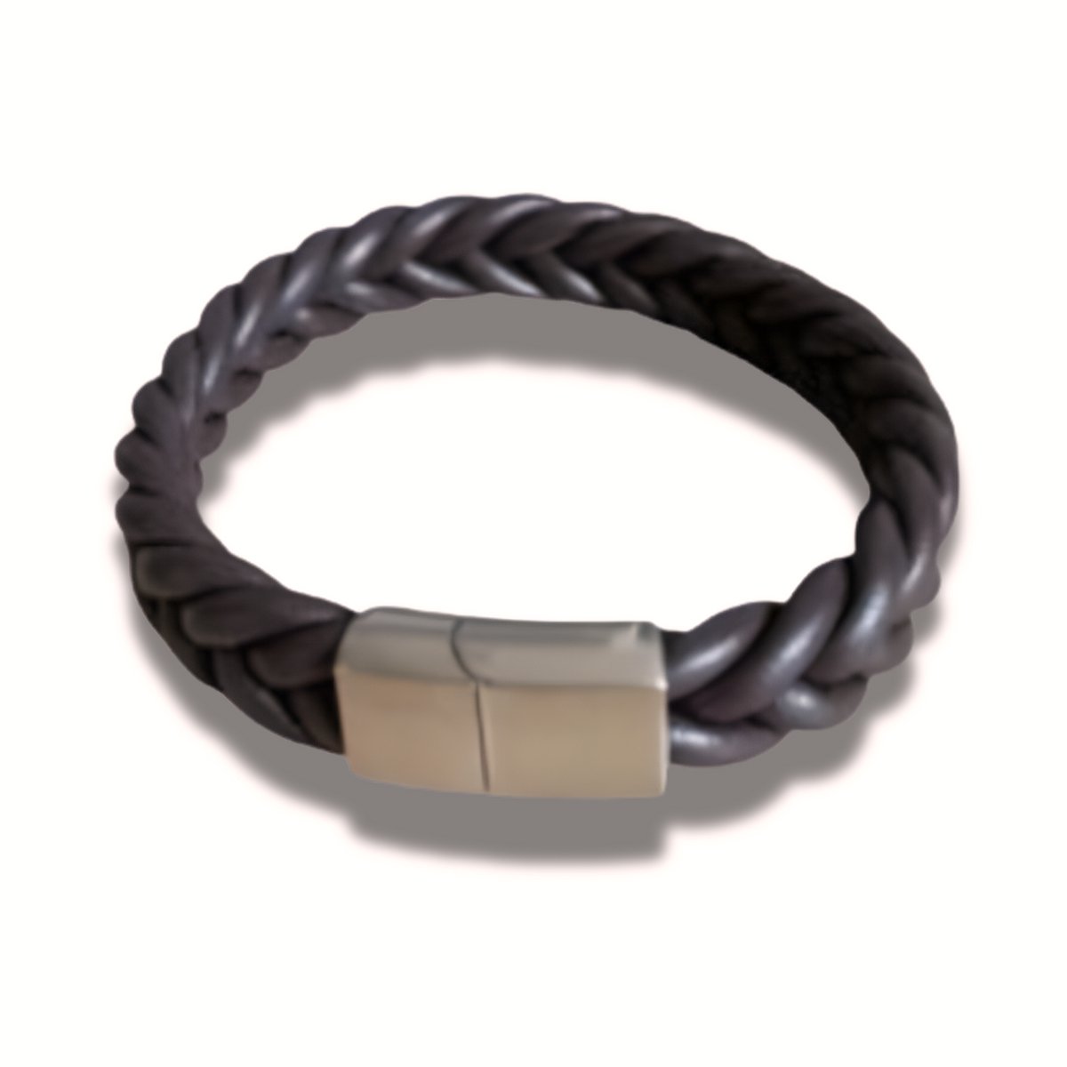 Armband - gevlochten leer bruin - mat metalen schuifslot met magneet - 19 cm