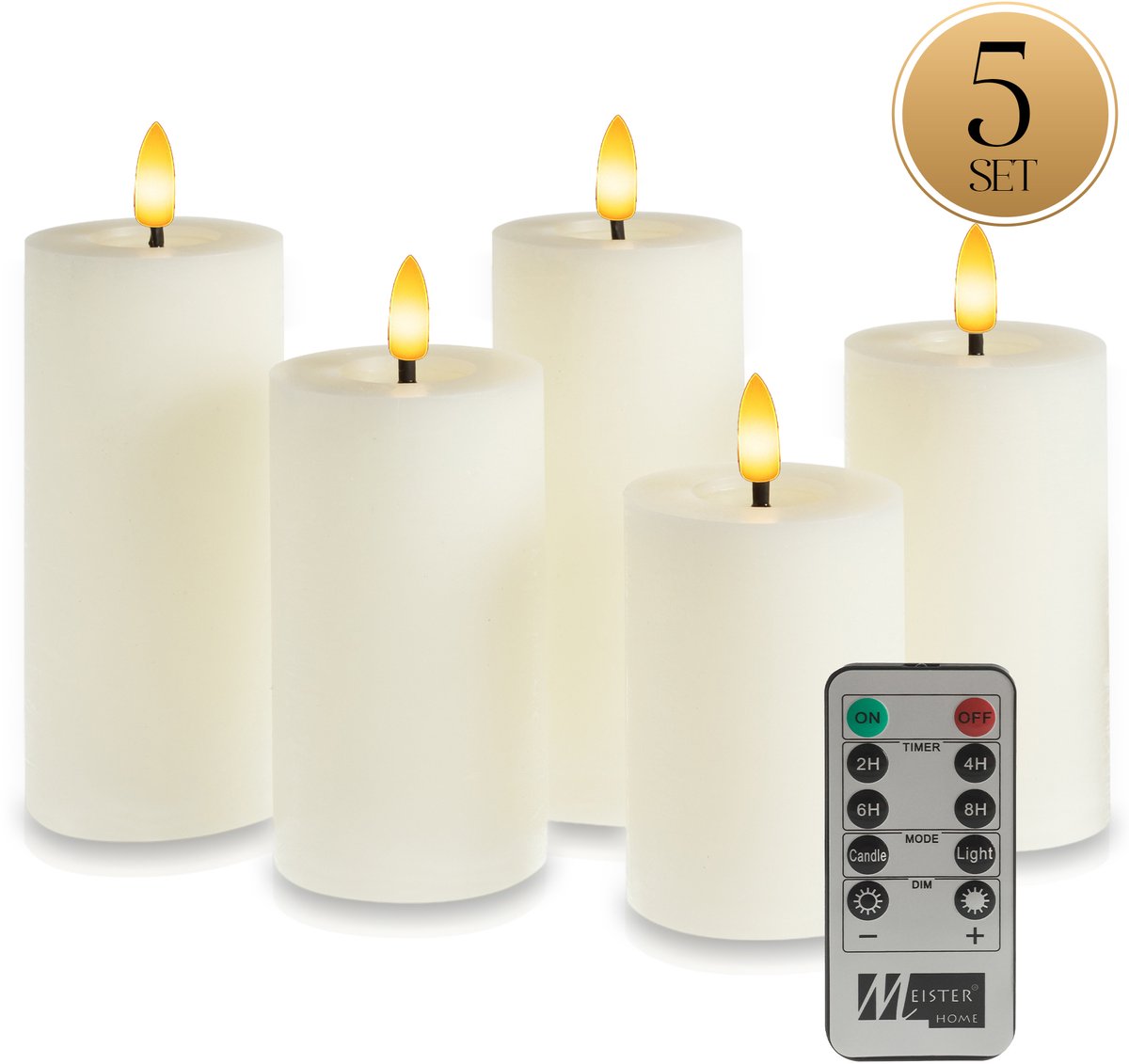 Meisterhome LED Kaarsen 5-delige Set Ivoor – Vlamloos & Flikkerend Licht – Met Afstandsbediening & Timer – Batterijverlichting – Ø7 cm, Hoogte 10/12,5/15 cm – Rustiek Design – Warm Wit Licht