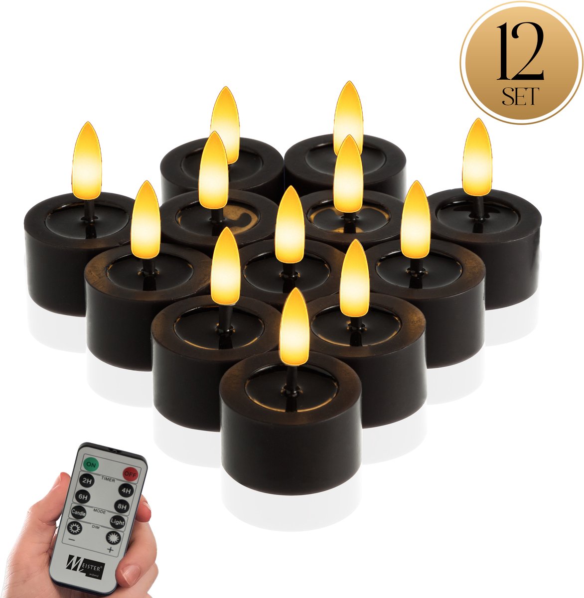 Meisterhome® LED-theelichten 12-delige set Zwart - vlamloze LED kaarsen - flikkerend licht – LED waxinelichtjes – Ø 4,5 cm, hoogte 2,5 cm – echte wax – met timer & afstandsbediening – werkt op batterijen – warm wit licht