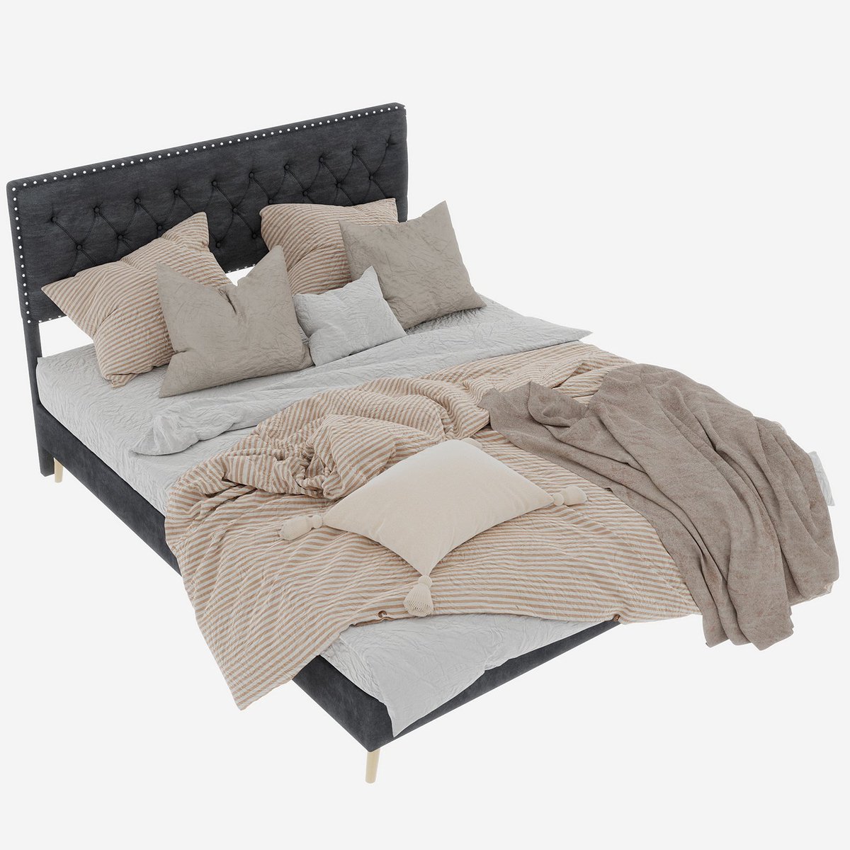 Merax Gestoffeerd Bed 160x200 - Fluwelen Stof Grijs - Modern Bed met Zacht Hoofdbord - Metalen Frame - Houten Lattenbodem - Zonder Gaslift en Matras