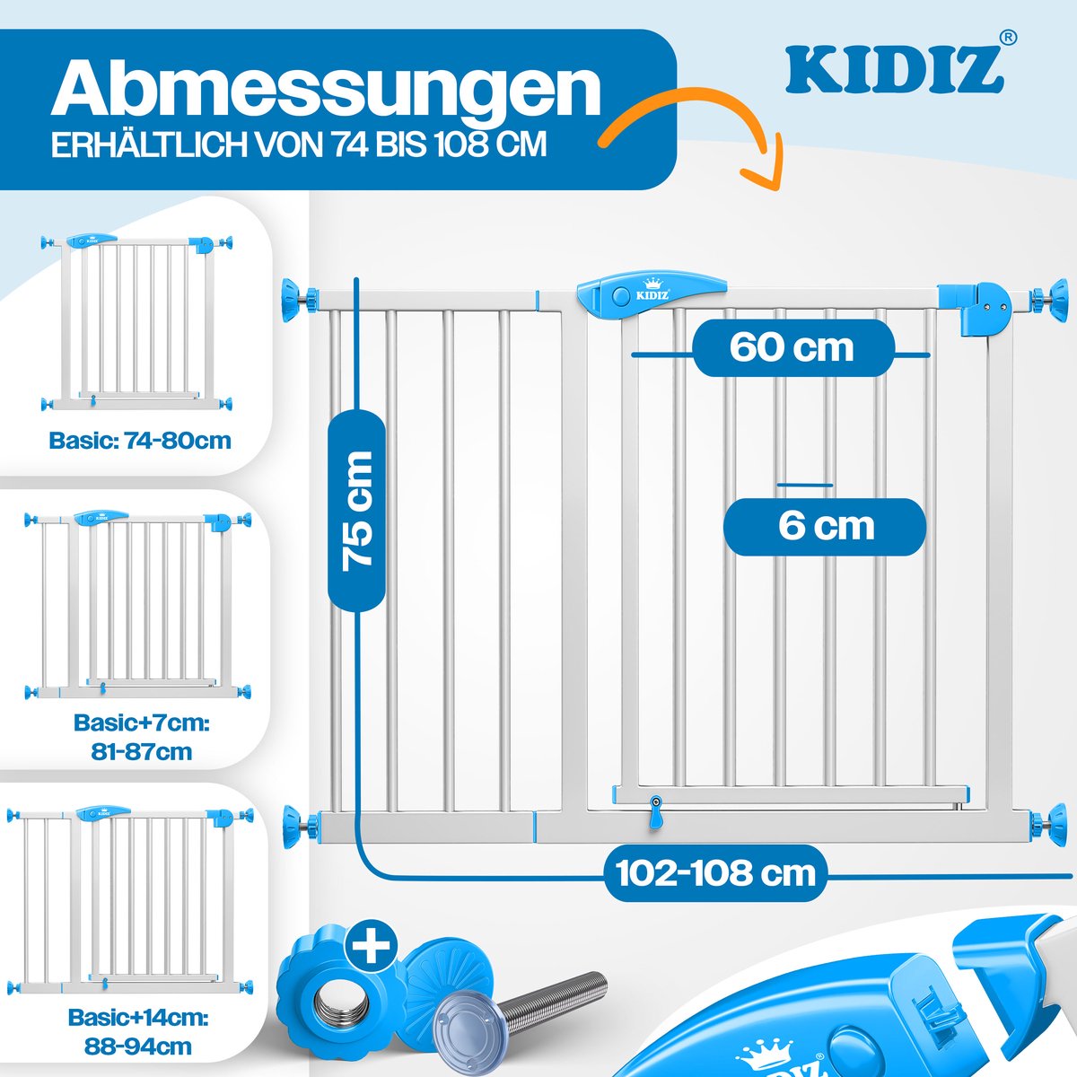 KIDIZ® Traphekje 102-108 cm Uitbreidbaar met Verlengstuk - Kinderhekje zonder boren Veiligheidshekje voor Kinderen en Baby - Wit