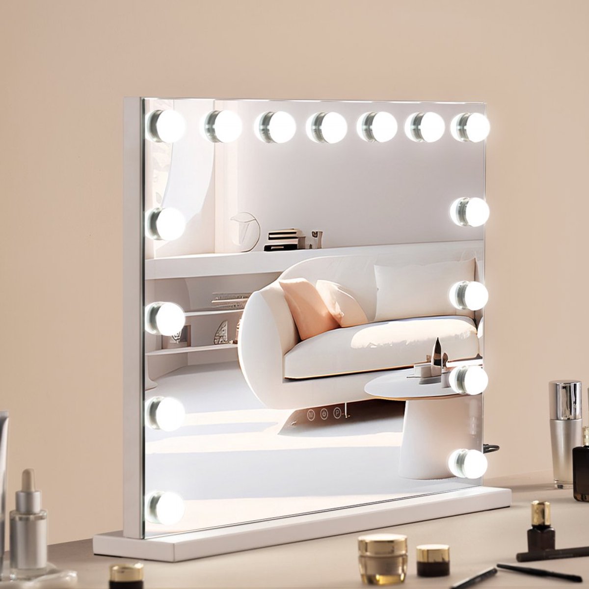 Hollywood Make-up Spiegel - Kaptafelspiegel - 15 Dimbare Lampen - 3 Kleurstanden - Afneembare 5x Vergrotingsspiegel - USB-poort - Touchbediening - 58 x 45,8 cm