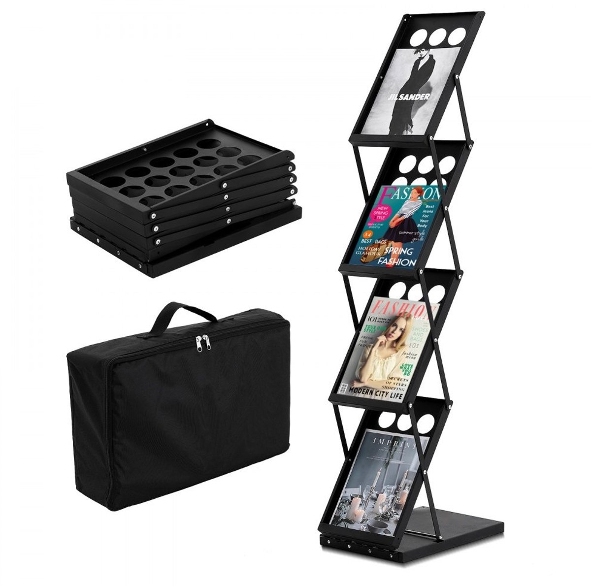 Brochurestandaard - Folderhouder Vloermodel - 4 Compartimenten - Opvouwbaar - Met Draagtas - Voor Winkel, Beurs, Kantoor - 27 x 36 x 125 cm - Zwart