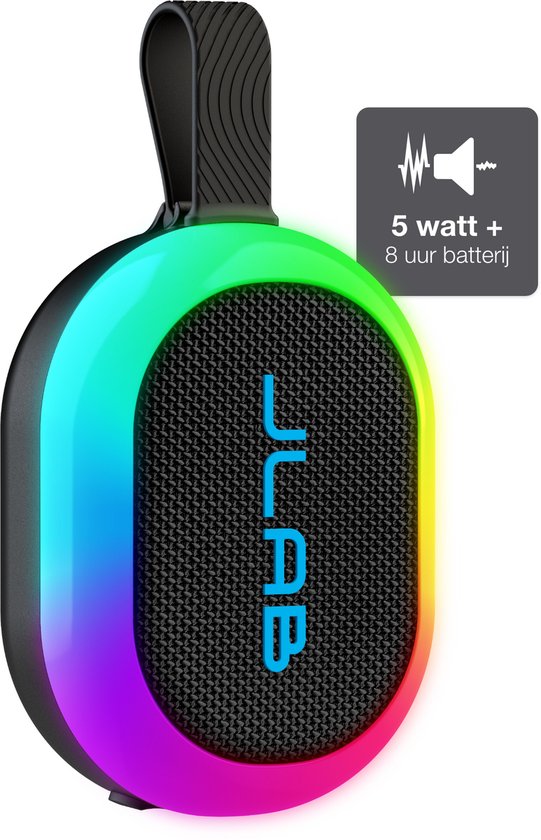 JLab Pop Mini Bluetooth Speaker Draadloos Zwart 5W Draagbaar IPX5 Waterdicht 8u Batterij RGB Partyverlichting