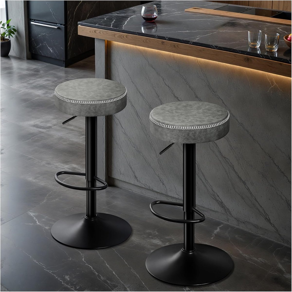 Barkruk set van 2 verstelbare ronde barstoelen 41,5x41,5x85,5 cm – microvezel leer – 360° draaibare keukenkruk zonder rugleuning met voetensteun – industrieel Grijs – Altameubel