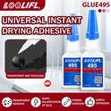 Twee flessen universele LOOLIFL 495 secondelijm met blauwe doppen, met illustraties van eigenschappen.
