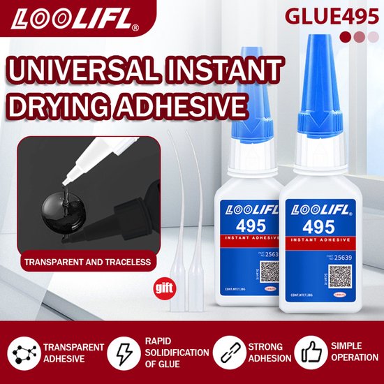 Twee flessen universele LOOLIFL 495 secondelijm met blauwe doppen, met illustraties van eigenschappen.