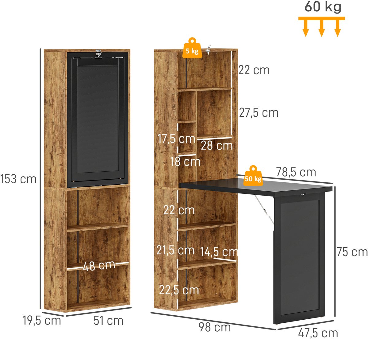 HOMCOM-Bureau met planken-MDF-98x51x153cm-Rustiek bruin