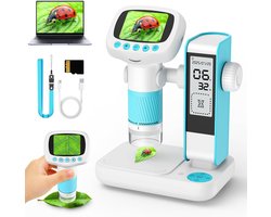 Microscoop - Kinder microscoop - 2-in-1 microscoop voor kinderen - Met studieklok - Met statief - Vergroting van 1000x - 2-inch IPS-scherm - PC-USB-poort - 8 dimbare led's - Geschikt voor kinderen vanaf 5 jaar - Blauw