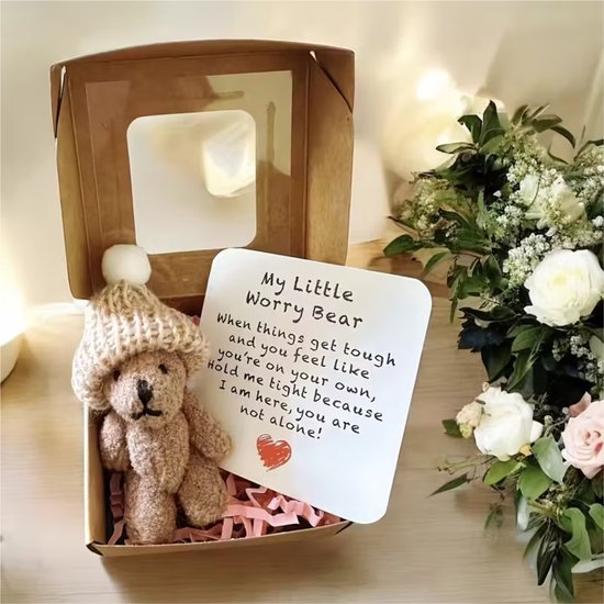 Bruine knuffelbeer met gebreide muts en pompon, in een open bruin kartonnen doosje met roze opvulling. Naast de beer een kaart met de tekst 'My Little Worry Bear'.