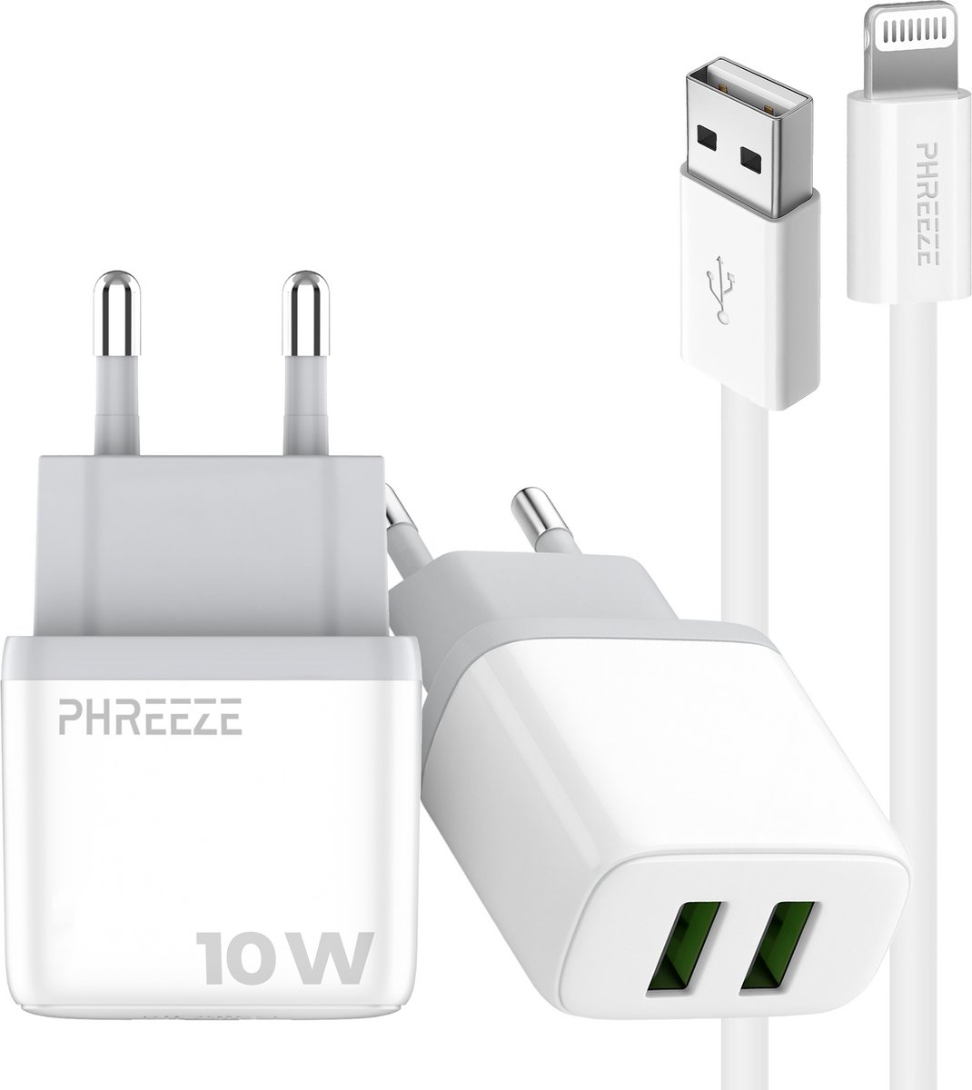 Phreeze usb adapter 12w - Oplader geschikt voor iPhone en iPad met Lightning kabel - 2.4 A dubbele oplader