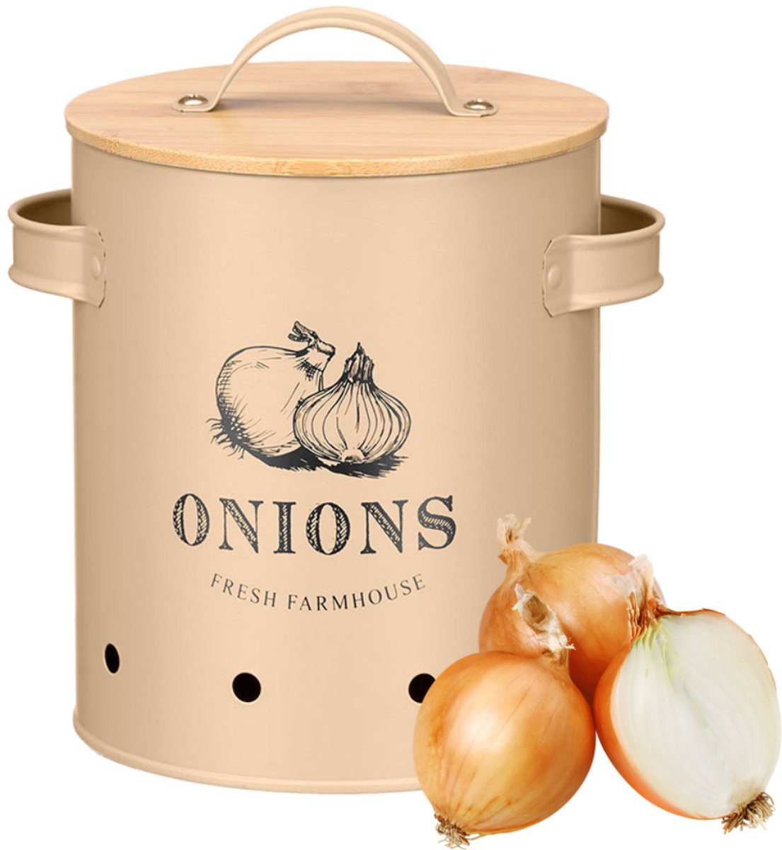 OTIX Uienpot - Beige - Uien - Bewaarpot - met Deksel - Bamboe - Voorraadpotten - Metaal - VIRGO