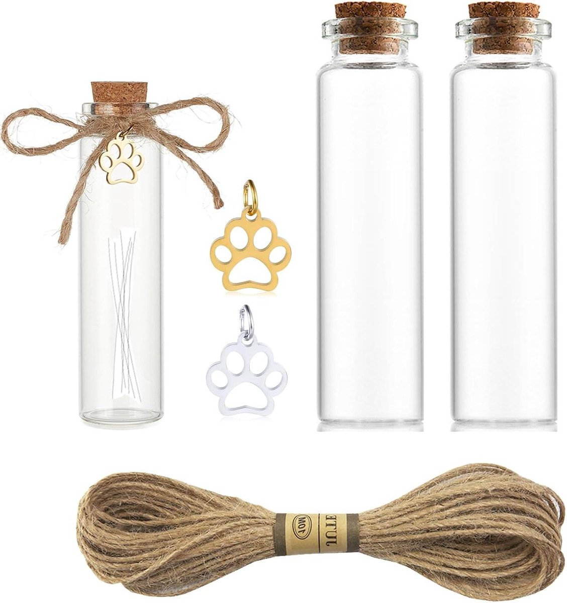 EGoods - Herdenkingsflessen met pootafdruk voor honden en kattenas - Set van 2 - Aandenkenflesjes met hanger - Bont haar - Glazen flesjes met kurk