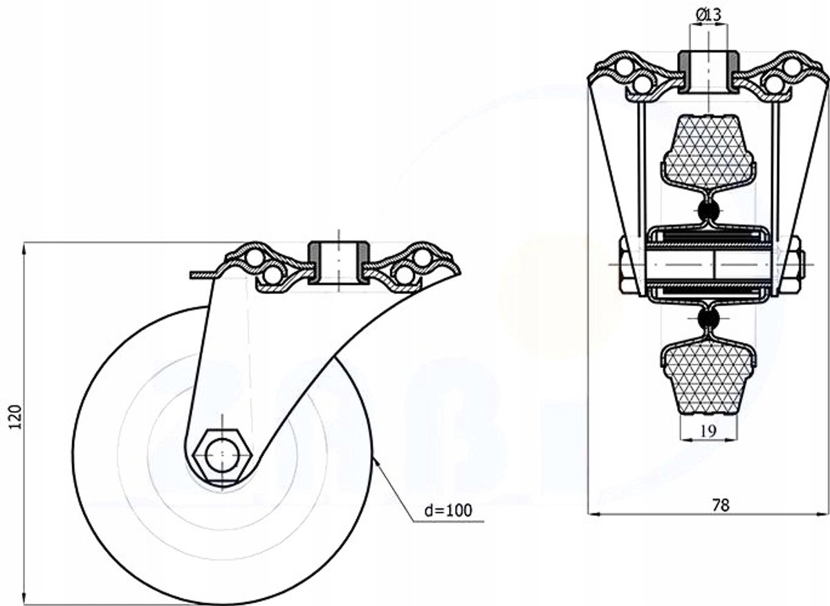 Zwenkbaar Wiel 100mm met Central Cat - Metaalrubber