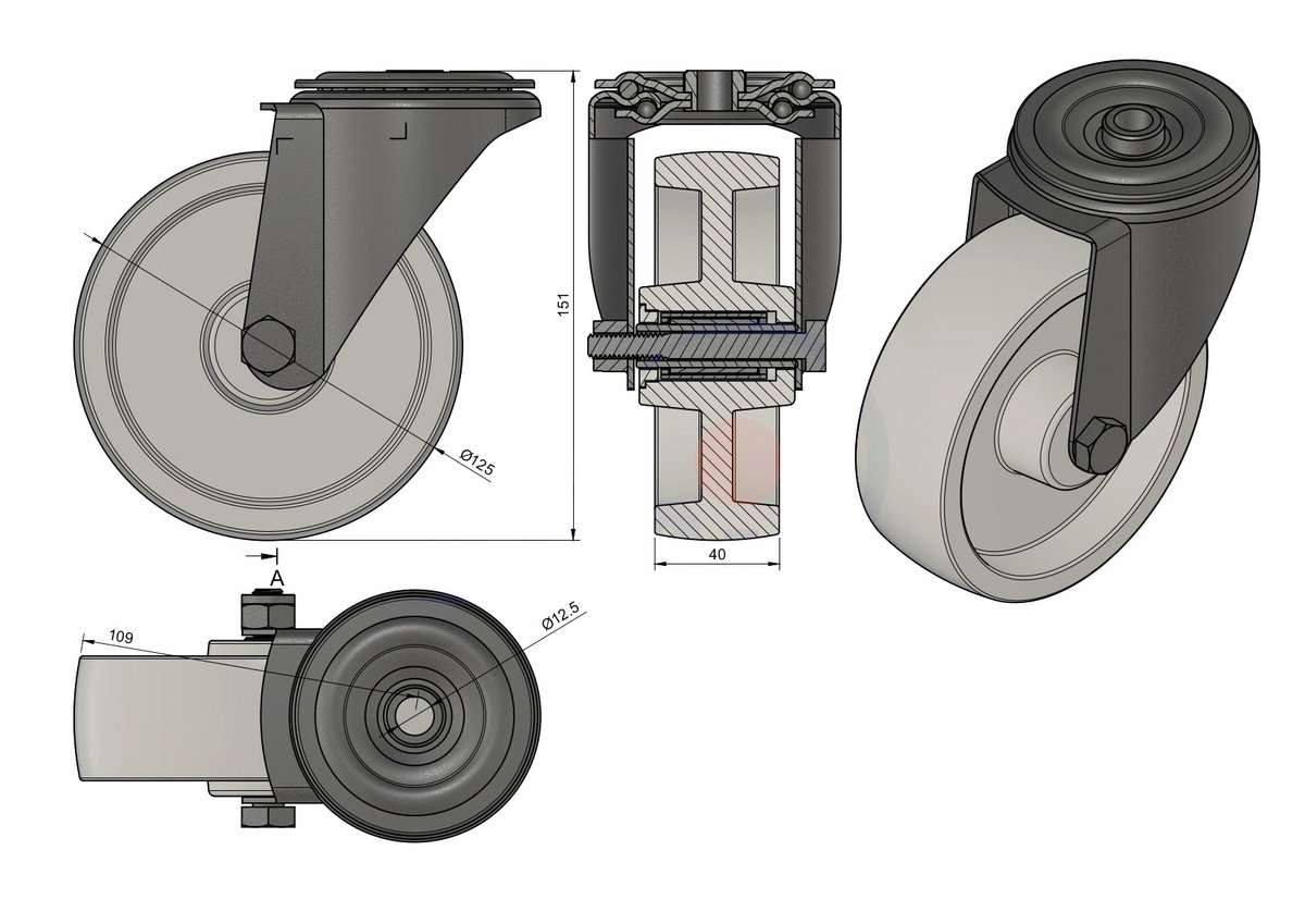 Zwenkbaar wiel met gat 125mm, polyamide/polyurethaan, 150kg