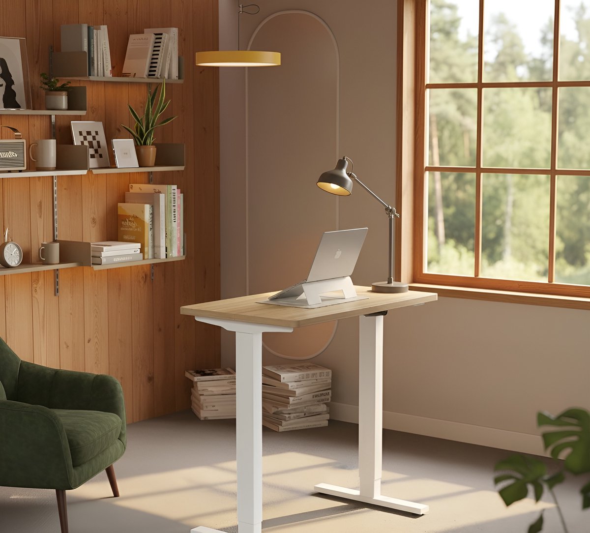 Elektrisch In Hoogte Verstelbaar Bureau 80x48 cm – Sta Zit Bureau met 4 Geheugenstanden, Ergonomisch Zit-Sta Bureau voor Thuiswerk & Kantoor, Duurzaam Walnoothout met Wit Frame – HomeByNicole