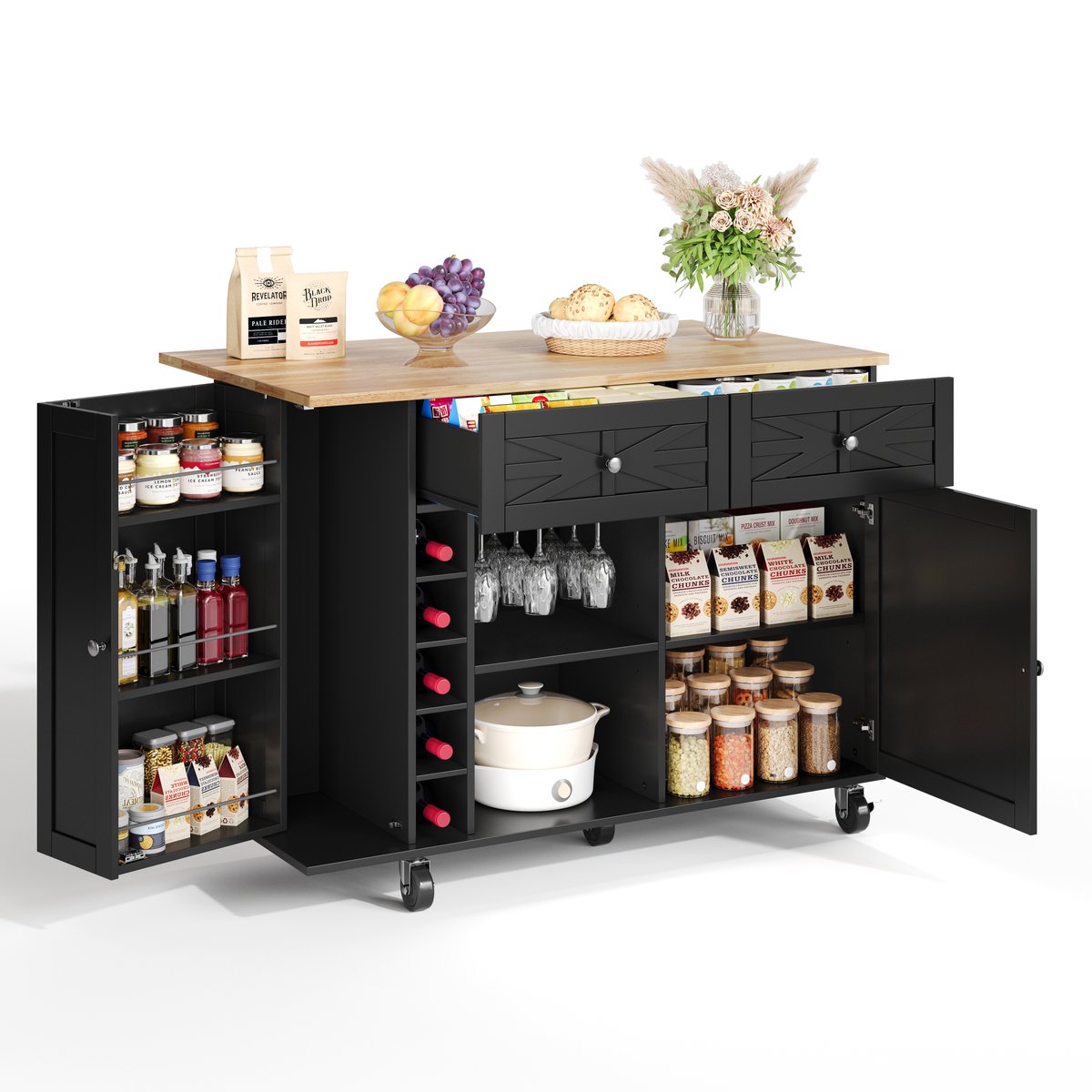 Kookeiland met opklapbaar werkblad, uitgerust met 5 vergrendelbare wieltjes, deurrek, wijnrek en glashouder, zwart, 120 x 45(70) x 89 cm