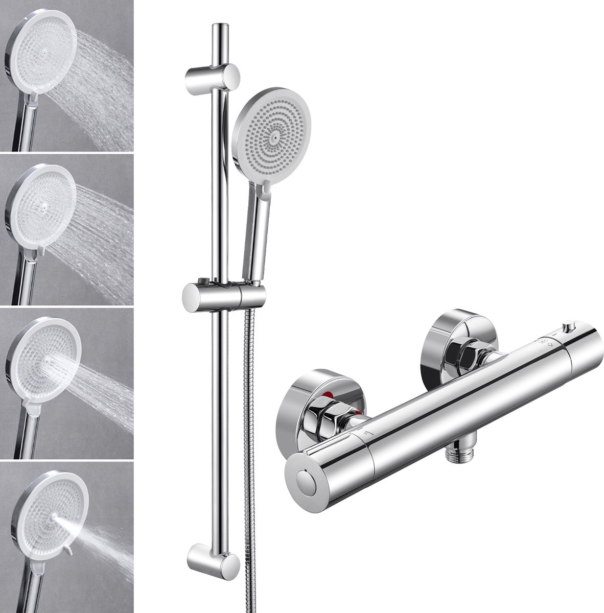 DERW MAX Thermostatische Douchekraan - 15 cm Hartafstand - Doucheset - 38°C Veiligheidsfuncties - Handdouche met 6 standen - Waterbesparend - Wandmontage - Chroom