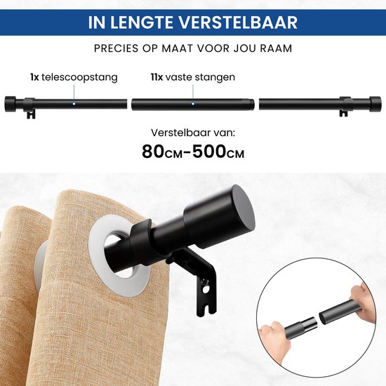 Zwarte, uitschuifbare gordijnroede van 80cm tot 500cm, met telescopische stang en 11 vaste stangen.