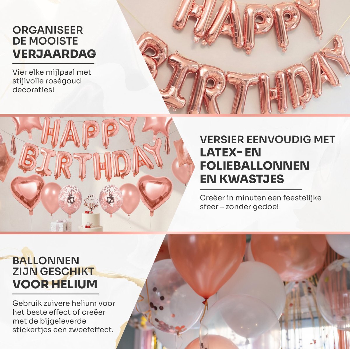 Vitamo™ Roségoud Verjaardag Versiering met Ballonpomp - Cake Topper - Feestversiering - Happy Birthday Feestpakket - Ballonnen - Slinger - Verjaardagsfeest - Feestartikelen - Roze Goud Feestdecoratie XL — afbeelding 4