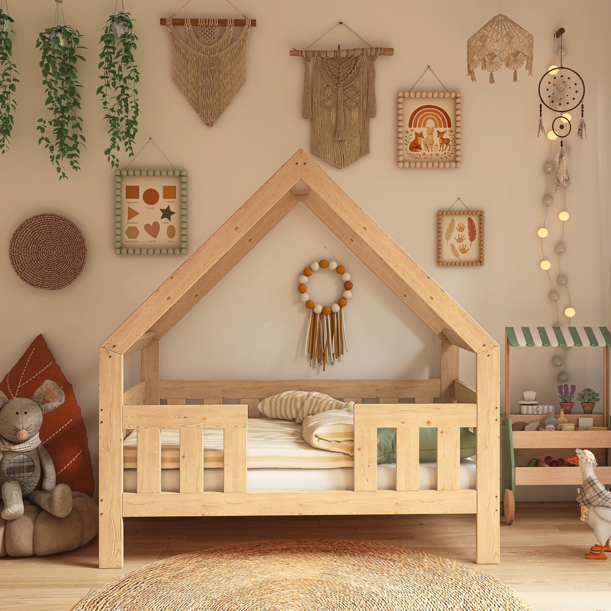 Need Sleep Houten Montessori Huisbed 70x140 cm – Peuterbed met Dak en Valbeveiliging – Naturel Massief Hout