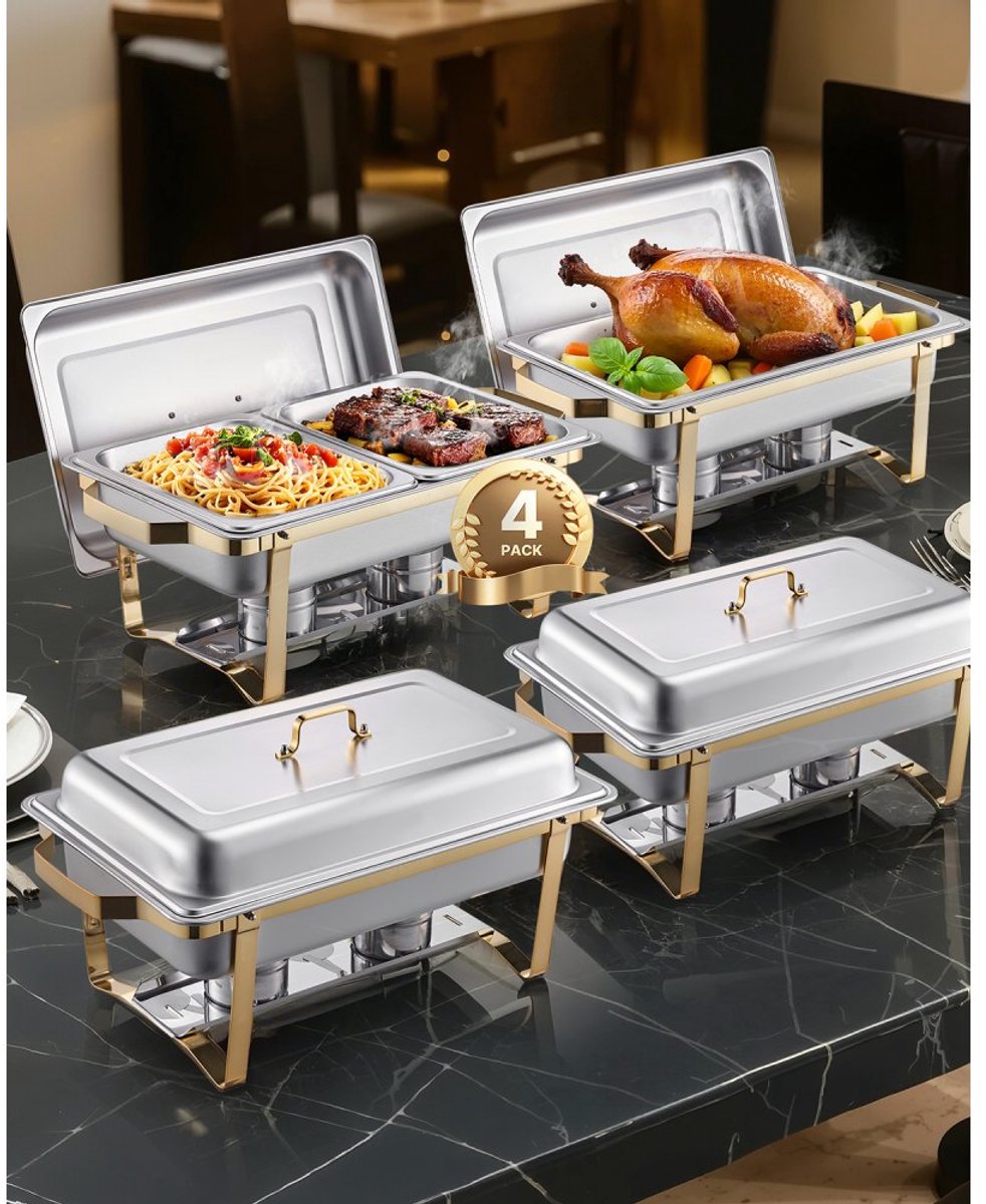 Chafing Dish Set - RVS Horeca Buffetwarmer Voedselwarmer - Capaciteit 2x 7,5 L + 4x 4 L - Rechthoekig - Met Deksel - Waterpan en Onderstel - Goud