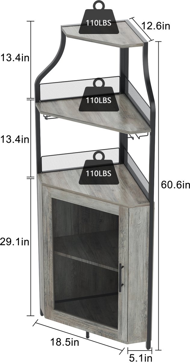 Brisakys - Hoekbarkast - Wijnkast - Industrieel - Metaal - Gaasdeuren - Verstelbare Plank - Anti-Kantelset - 45x45x150cm - Grijs – foto 2