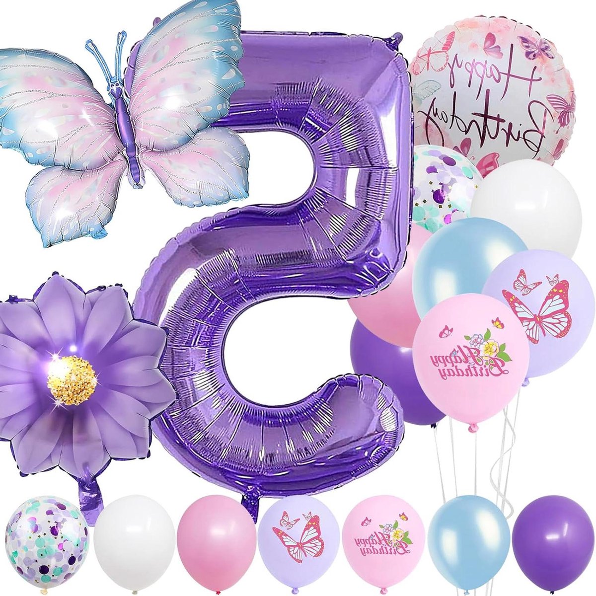 EGoods - Set van 5 folieballonnen voor kinderverjaardag: blauw, paars, vlinder, bloemen, cijfer 5.