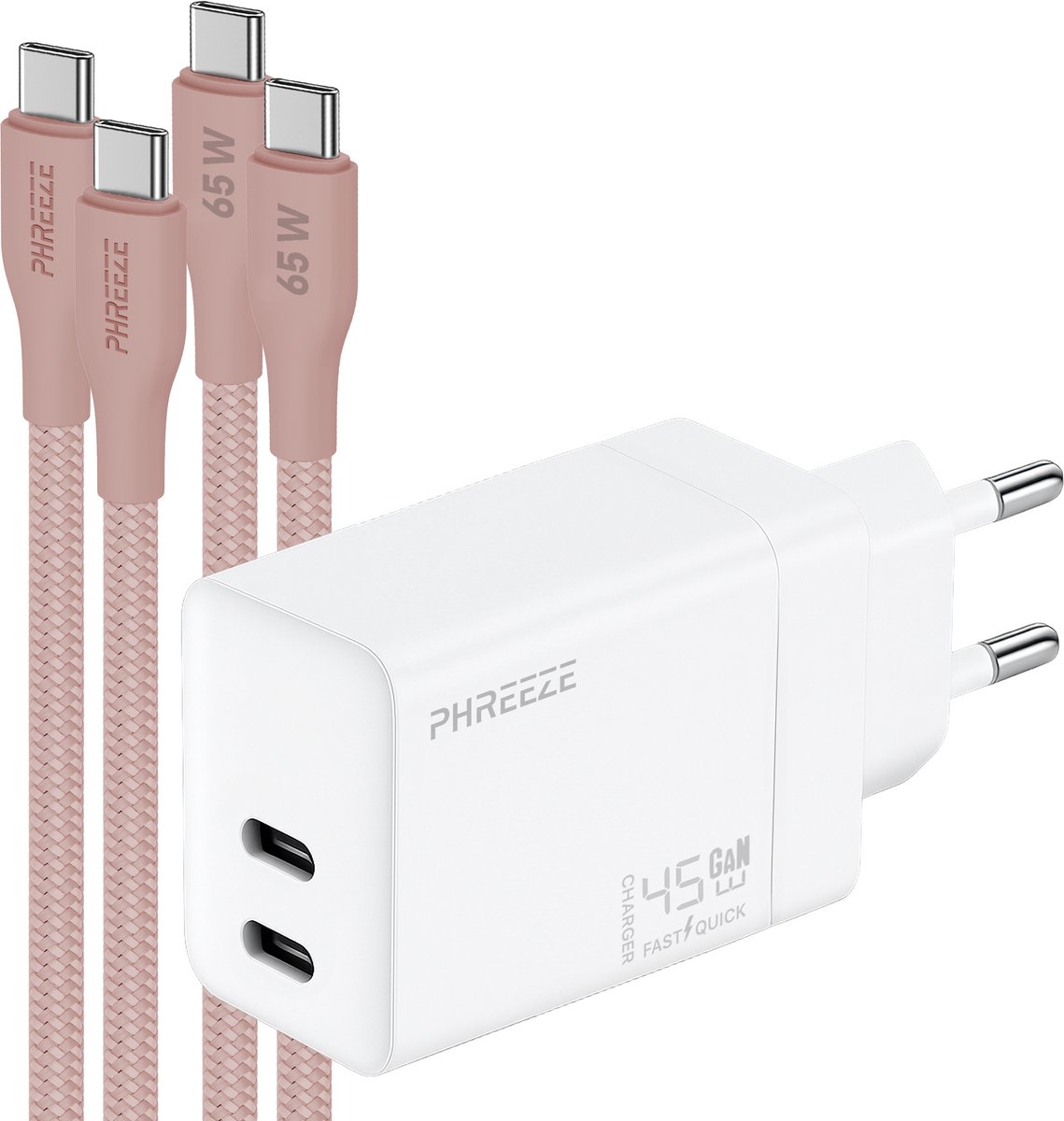 Phreeze 45w oplaadset met 2 usb C kabels voor tegelijk snelladen telefoon en tablet - 45 W Power Adapter - Dual usb C poorten - Roze