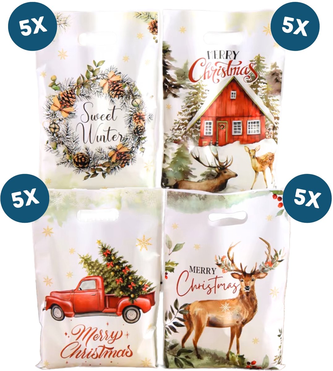 Kerst geschenkzakjes klein – Set van 20 – 4 verschillende kerst designs – 16 x 25 cm – cadeauzakjes / kerstverpakking / cadeautasjes