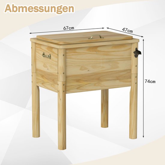 COSTWAY Drankkoeler, hout, 51 liter, outdoor terraskoeler met 3 handgrepen en flesopener, rustieke ijskast met afvoersluiting voor tuin, terras, zwembad, party, BBQ, cookouts, 67 x 47 x 74 cm van Merkloos — afbeelding 2