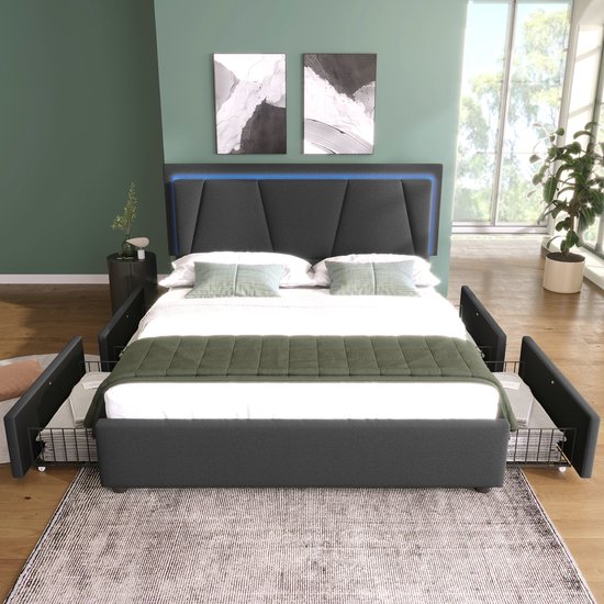 Lit double avec rangement 140x200 cm, 4 tiroirs et éclairage LED - Lit double capitonné avec tête de lit réglable en hauteur - Lin - Grijs