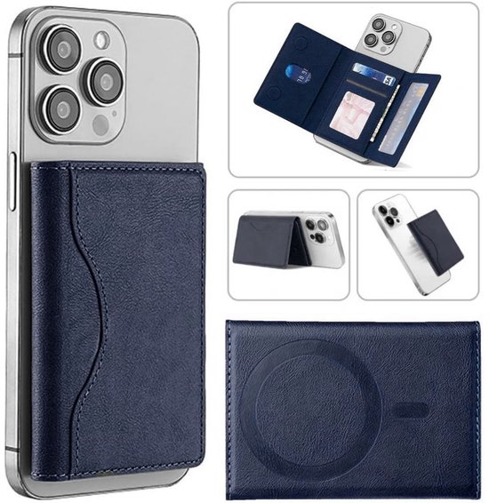 Portefeuille magnétique bleu compatible avec Apple iPhone 12/13/14/15/16/17 (Plus/Pro/Max) ou coque avec MagSafe | Porte-cartes magnétique / porte-cartes à 5 emplacements | Support / support de téléphone pliable pour femmes et hommes