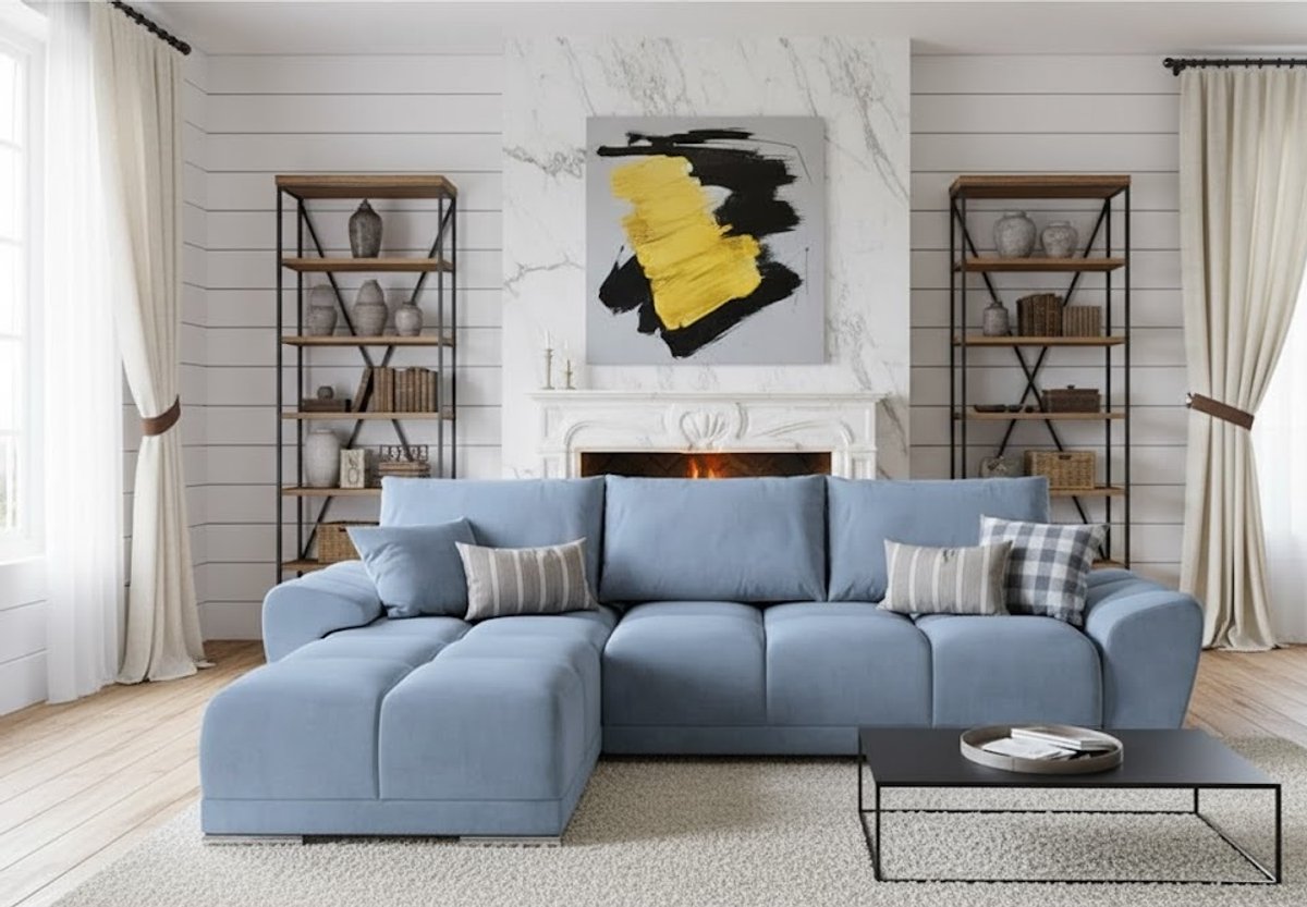 L-Vormige Fluwelen Hoekbank met Slaapfunctie en Opbergruimte – Luxe Uittrekbare Slaapbank 289x189 cm met Kussens – Comfortabele Blauwe Hoekbank met Bedfunctie – CollFeel Schuim – Ganeey
