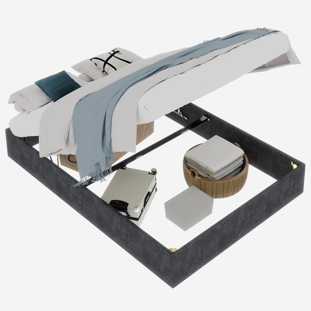 Merax Bedframe 160x200 - Fluwelen Stof Grijs - Bed met Opbergruimte met Gaslift - Gestoffeerd - Metalen Frame - Houten Lattenbodem - Zonder Hoofdbord en Matras