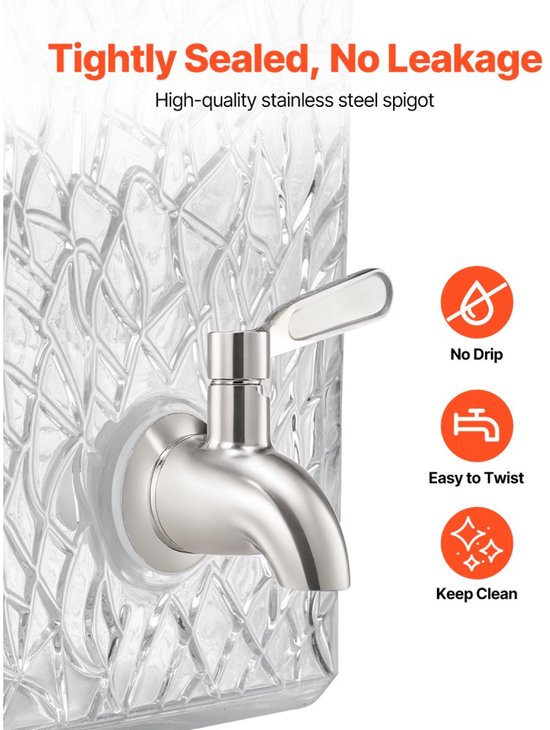 Close-up van de chromen, druppelvrije kraan op een getextureerde glazen drankdispenser, met iconen voor 'No Drip', 'Easy to Twist' en 'Keep Clean'.