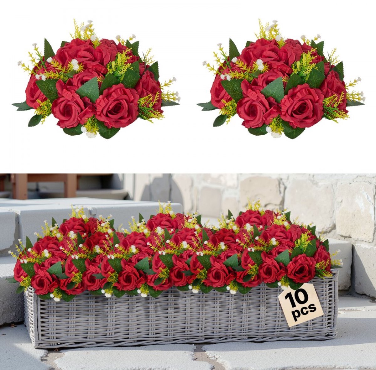 Kunstbloemen - Bloemenballen Bloemstukken - Set van 10 - 24 x 24 x 12 cm - Zijden Kunstrozen - Bruiloftsdecoratie & Tafeldecoratie