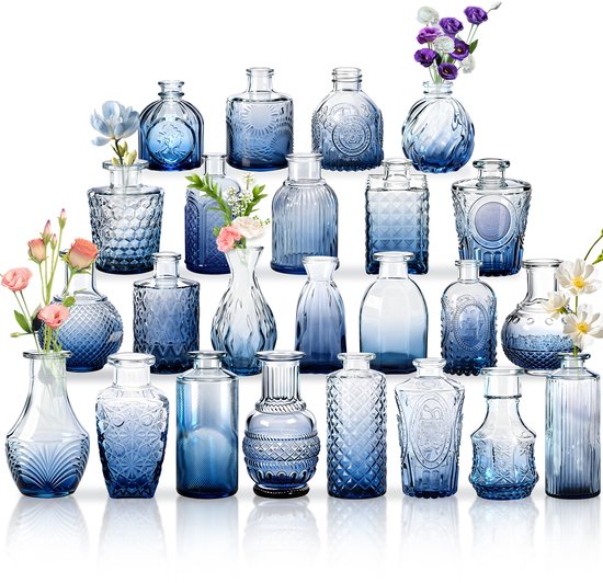 24 stuks kleine vaasjes voor tafeldecoratie, glazen vaasjes set mini, kleine glazen vaasjes, vintage bloemenvaasjes & knopvaasjes voor bruiloften, feesten, vieringen Verloop blauw