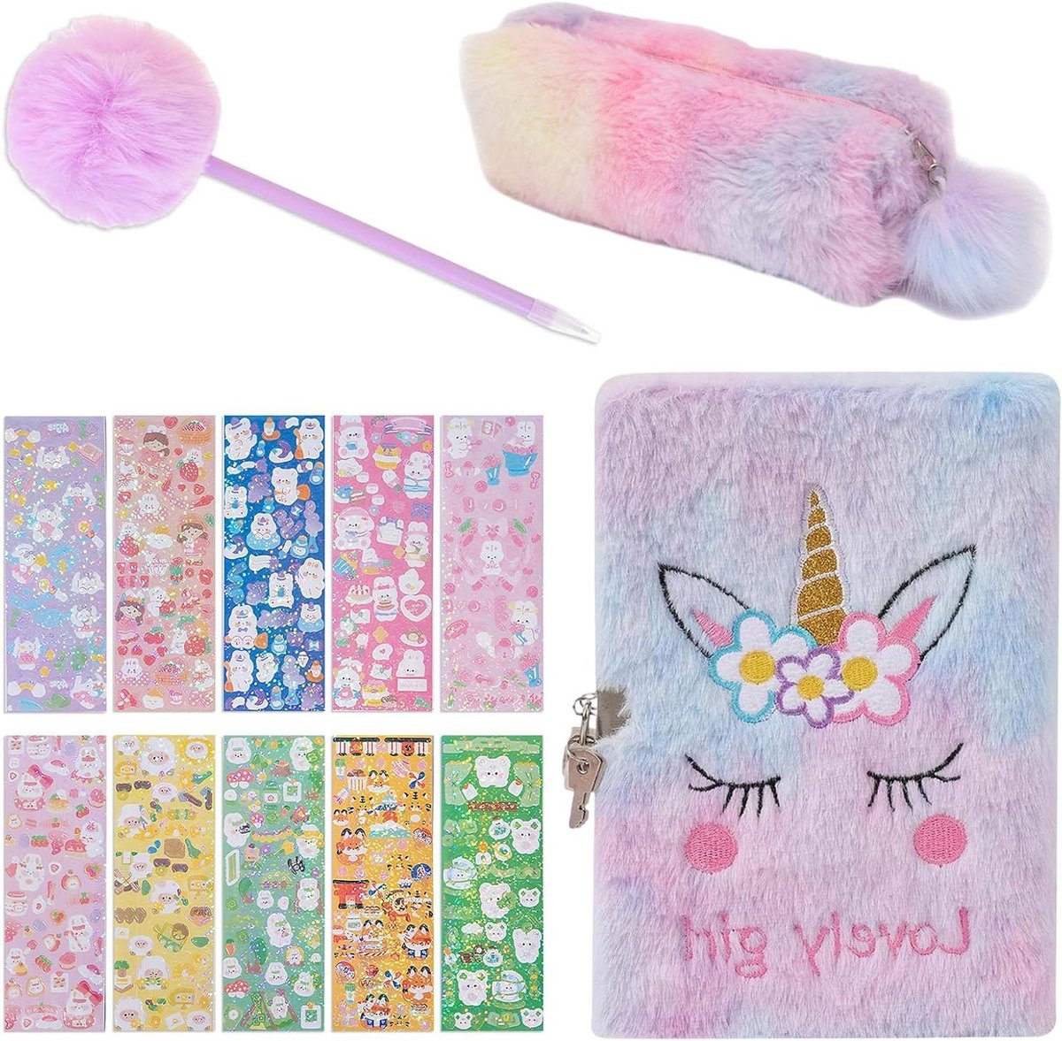 EGoods - Dagboek met Slot voor Meisjes A5 Formaat - Pluche Eenhoorn Notitieboek Set Met Stickers, Pen en Etui - Geheimen Bewaren - Cadeau voor Kinderen