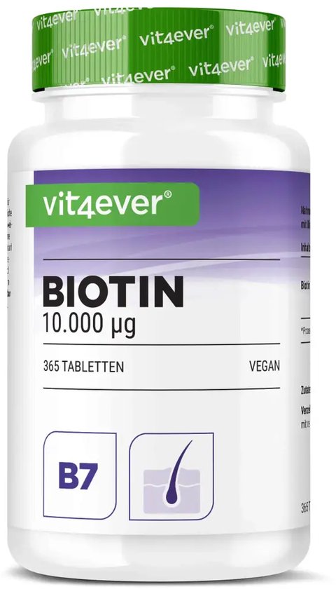 Vit4ever Biotine 10.000 mcg, 365 veganistische tabletten. Fles met groen en paars label, met B7 en haaricoon.