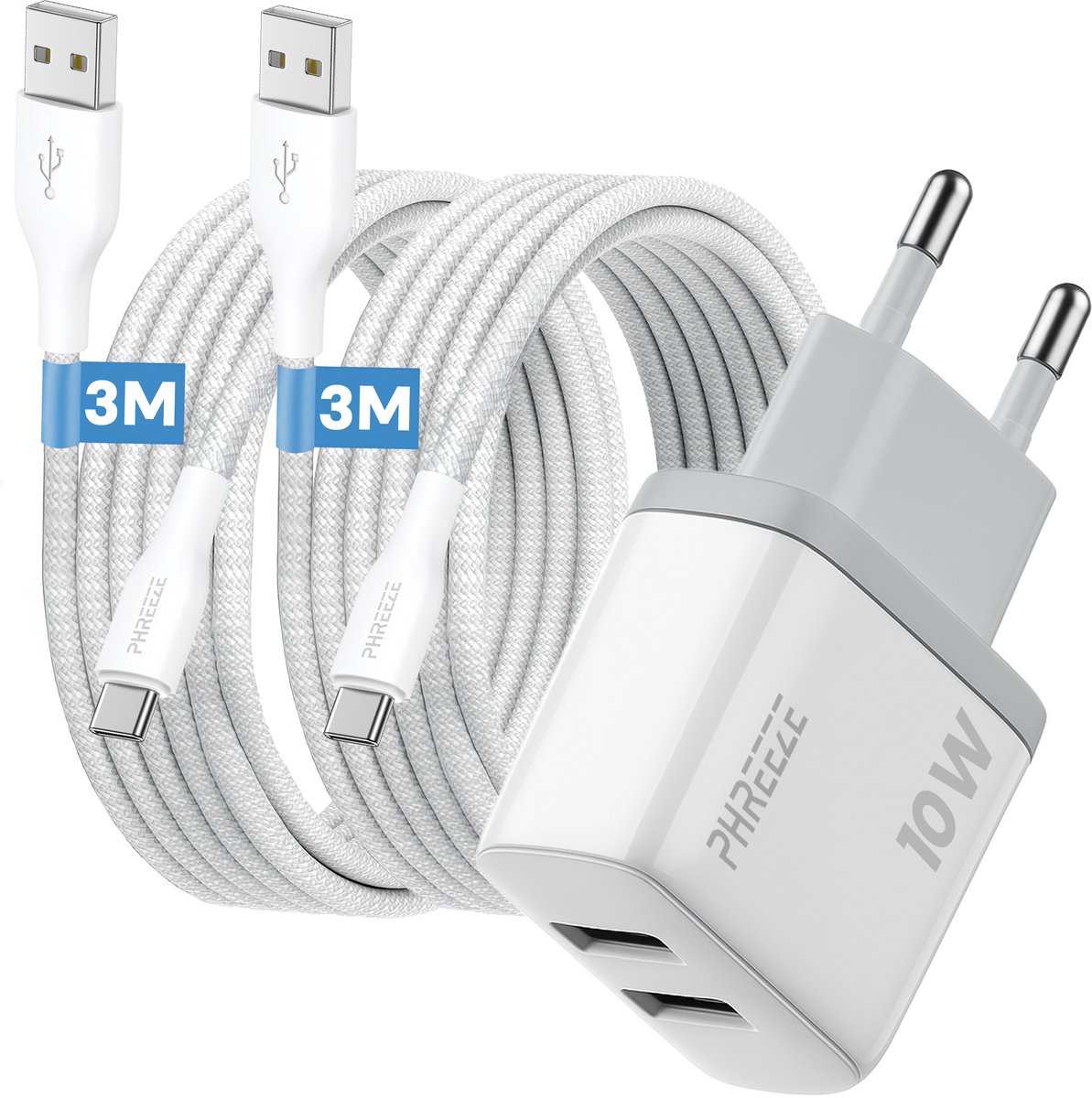 Phreeze usb adapter 2.4 A - Dual usb poorten - 12 W oplaadset met 2 usb naar usb C kabels 3 m - Voor telefoon, tablet en speaker