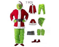 Mmgoqqt 7-Delige Kerstkostuumset - 7-Delige Kerstkostuumset Voor Volwassenen - Lnclusief jas, Broek, Riem, Laarzenovertrekken, Handschoenen, Hoed En Masker - Groen - Maat L - Kerstcosplay-Uitvoering